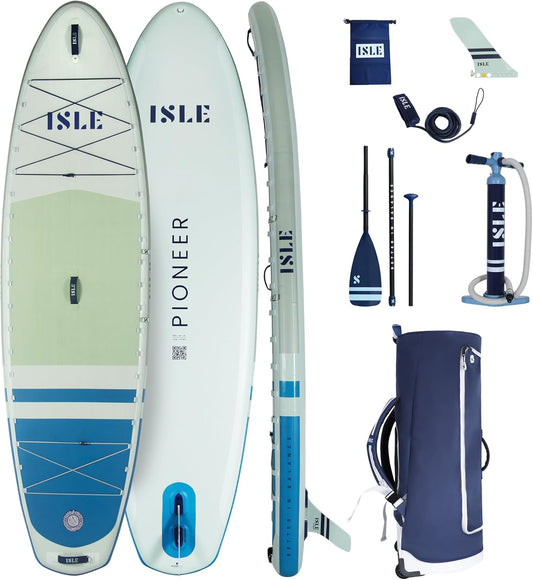 ISLE Pioneer Inflatable Stand Up Paddle Board, Incl. Coil Leash, Touring Fin, Travel Backpack, Hand Pump, Paddle - Beginner Friendly SUP - max. 285 lbs - 10’6’’ Inflatable Paddle Boards for Adults