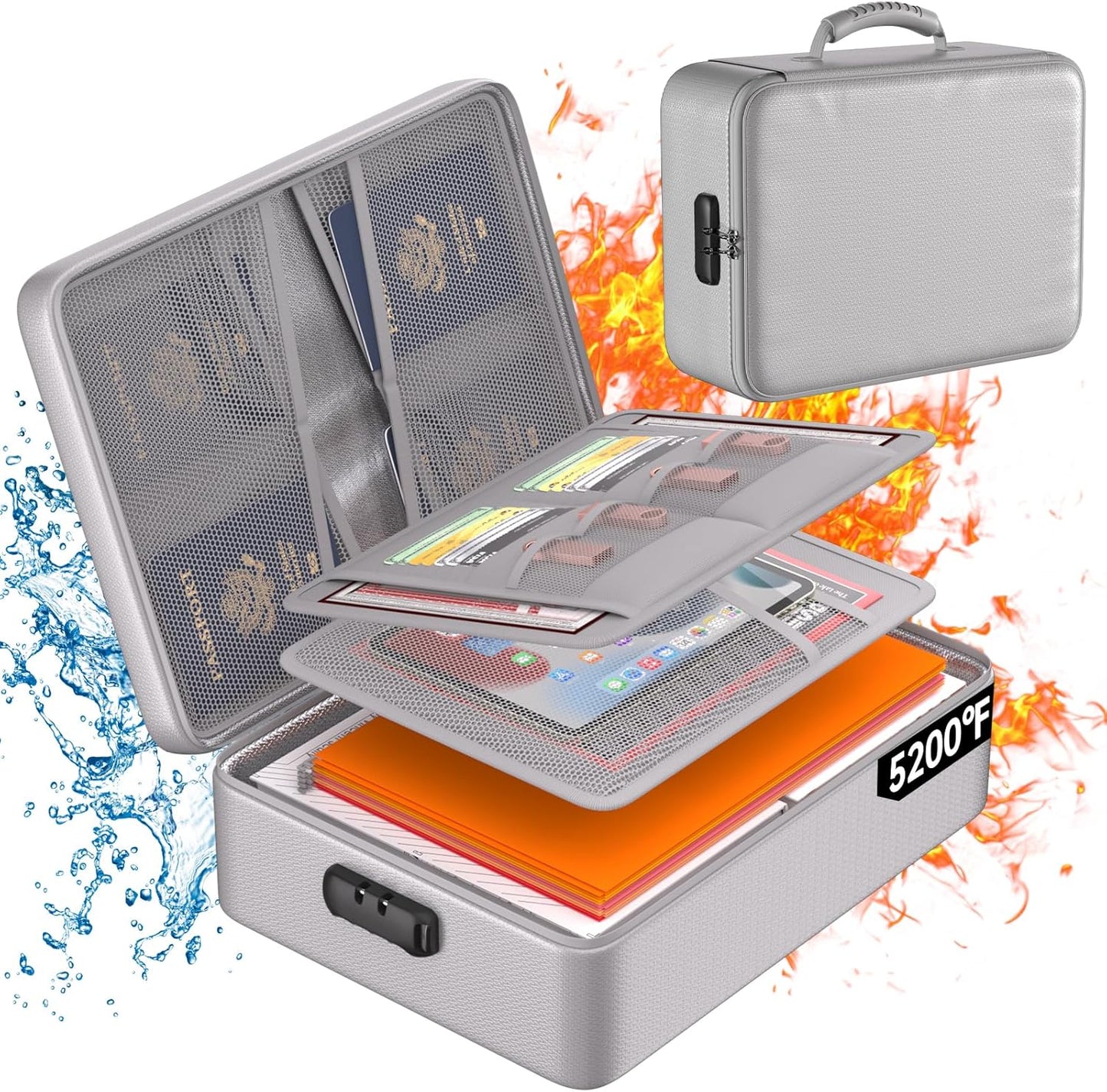 DocSafe 5200°F Document Organizer with Lock, Upgraded Heat Insulated Fireproof&Water-Resistant Box 8 Layers File Organizer, Portable Home Travel Safe Storage for Important Documents and More