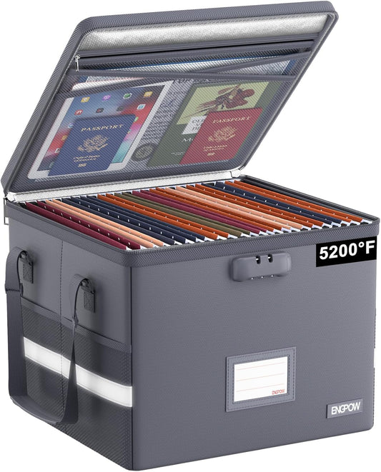 File Box with Lock,Fireproof Document Box with Zipper&Pockets,Collapsible File Organizer Filing Storage Cabinet with Handle,Portable Home Office Safe for Hanging Letter/Legal Folder,Black