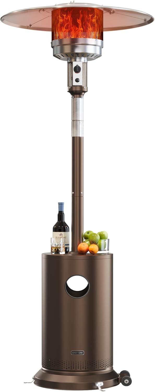 50,000 BTU Patio Heater for Outdoor Use With Round Table Design, Double-Layer Stainless Steel Burner and Wheels, Outdoor Patio Heater for Home and Commercial, Bronze, 31.9" x 31.9" x 86.6"