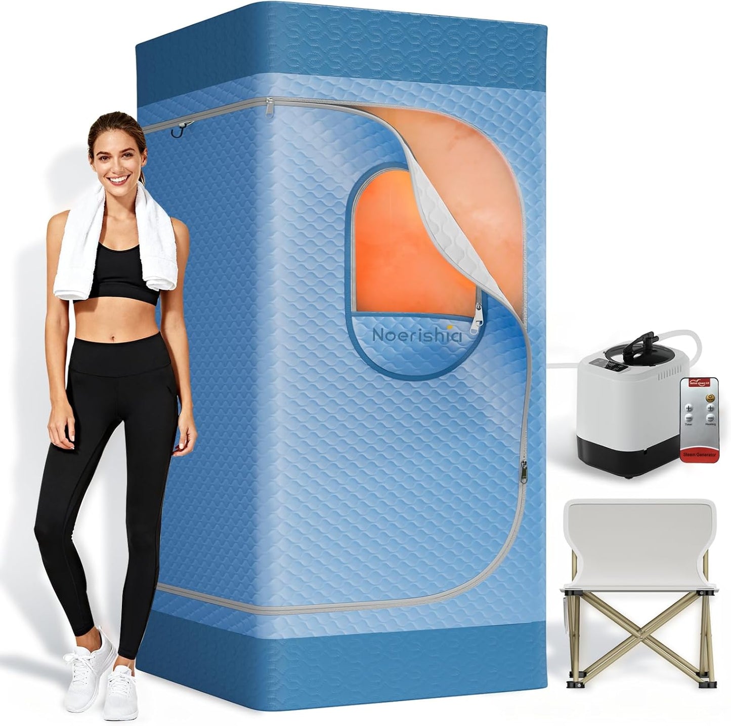 Portable Sauna for Home with 3L 1200W Steamer, Big Folding Chair, 99 Mins Timer, 9 Levels, Pernoanl Steam Sauna Tent Dual YKK Zippers for Home Spa Detoxification, 32' x32' x 71', Blue