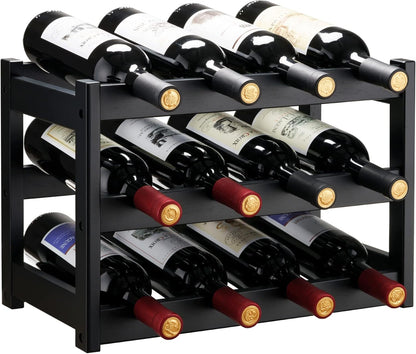 Bamboo Wine Rack, 2-Tier Wine Racks Countertop Cabinet Wine Holder Wine Storage Shelf for Pantry Kitchen Bar Black