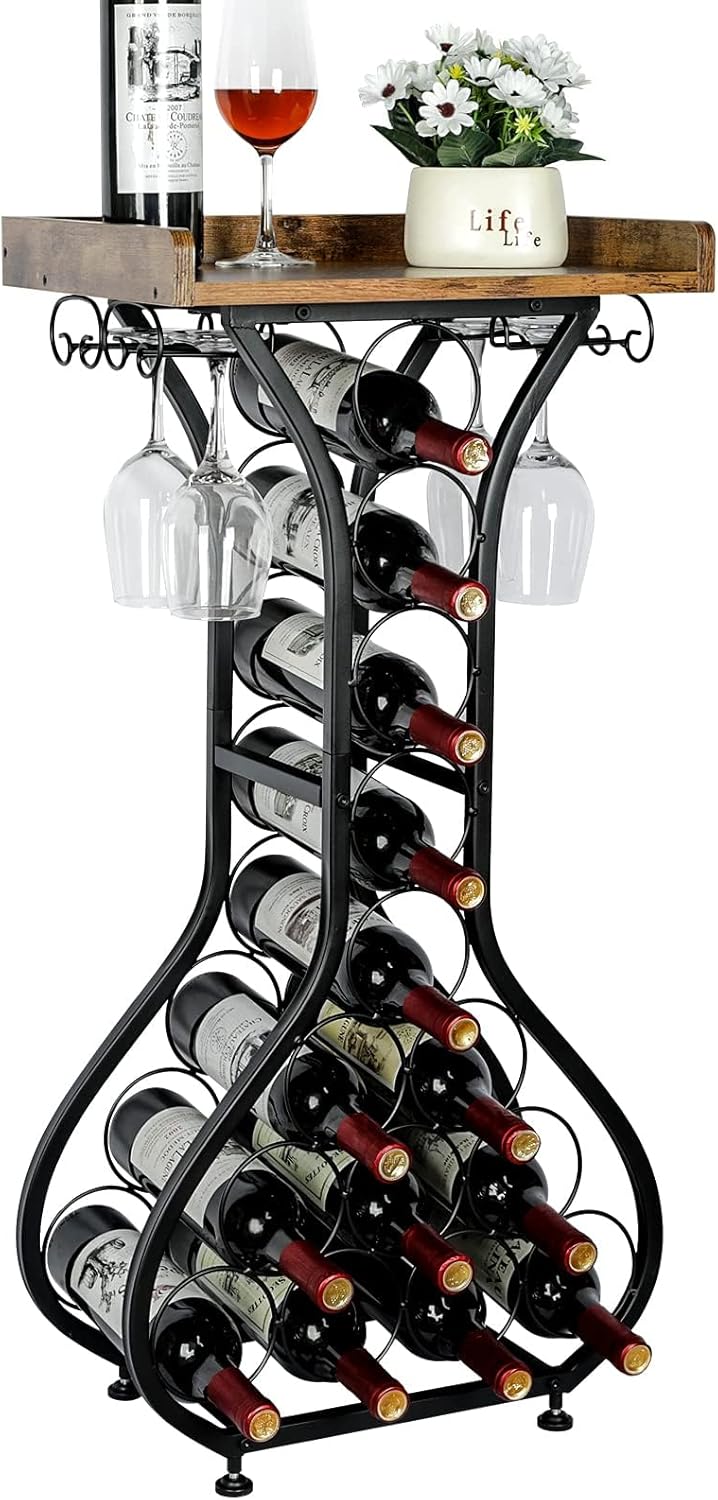 Wine Rack Freestanding Floor, Mini Bar Table Wine Holder Stand Liquor Cabinet with Glass Holder Wood Tabletop 14 Bottles Floor Wine Storage for Home Bar Kitchen Living Room