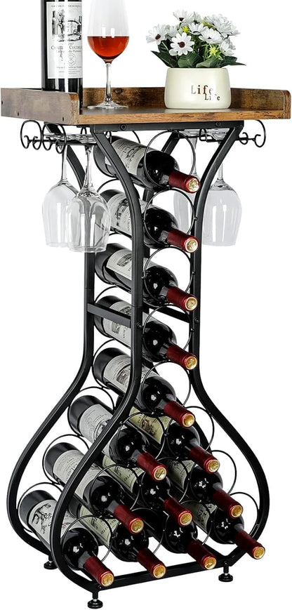 Wine Rack Freestanding Floor, Mini Bar Table Wine Holder Stand Liquor Cabinet with Glass Holder Wood Tabletop 14 Bottles Floor Wine Storage for Home Bar Kitchen Living Room