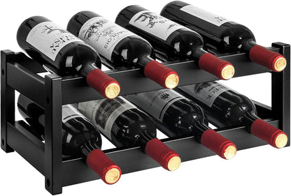 Bamboo Wine Rack, 2-Tier Wine Racks Countertop Cabinet Wine Holder Wine Storage Shelf for Pantry Kitchen Bar Black