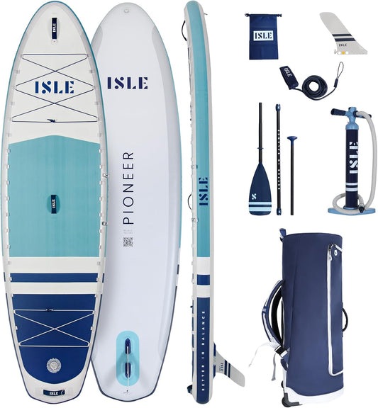 ISLE Pioneer Inflatable Stand Up Paddle Board, Incl. Coil Leash, Touring Fin, Travel Backpack, Hand Pump, Paddle - Beginner Friendly SUP - max. 285 lbs - 10’6’’ Inflatable Paddle Boards for Adults