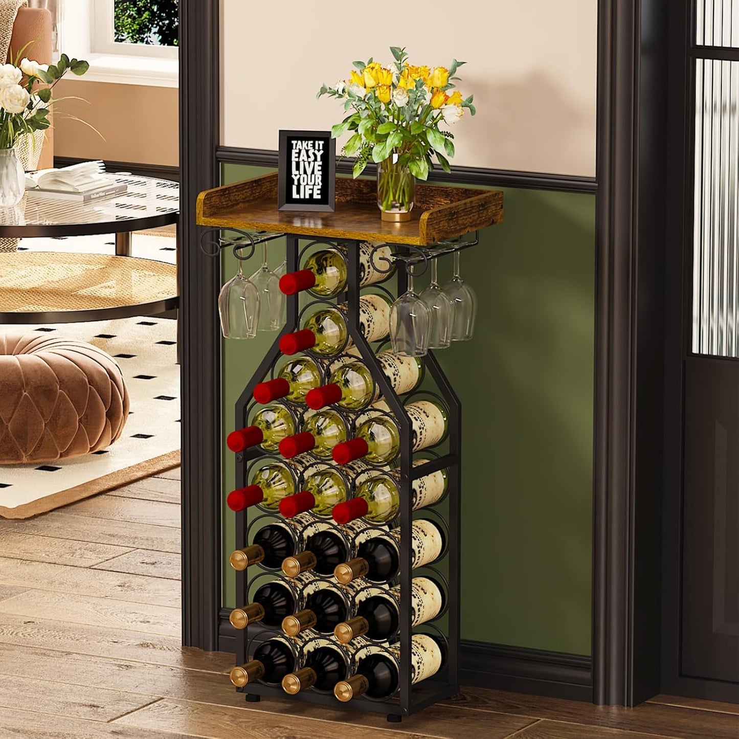 Wine Rack Freestanding Floor, Mini Bar Table Wine Holder Stand Liquor Cabinet with Glass Holder Wood Tabletop 14 Bottles Floor Wine Storage for Home Bar Kitchen Living Room