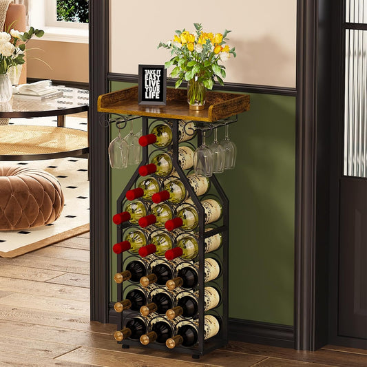 Wine Rack Freestanding Floor, Mini Bar Table Wine Holder Stand Liquor Cabinet with Glass Holder Wood Tabletop 14 Bottles Floor Wine Storage for Home Bar Kitchen Living Room
