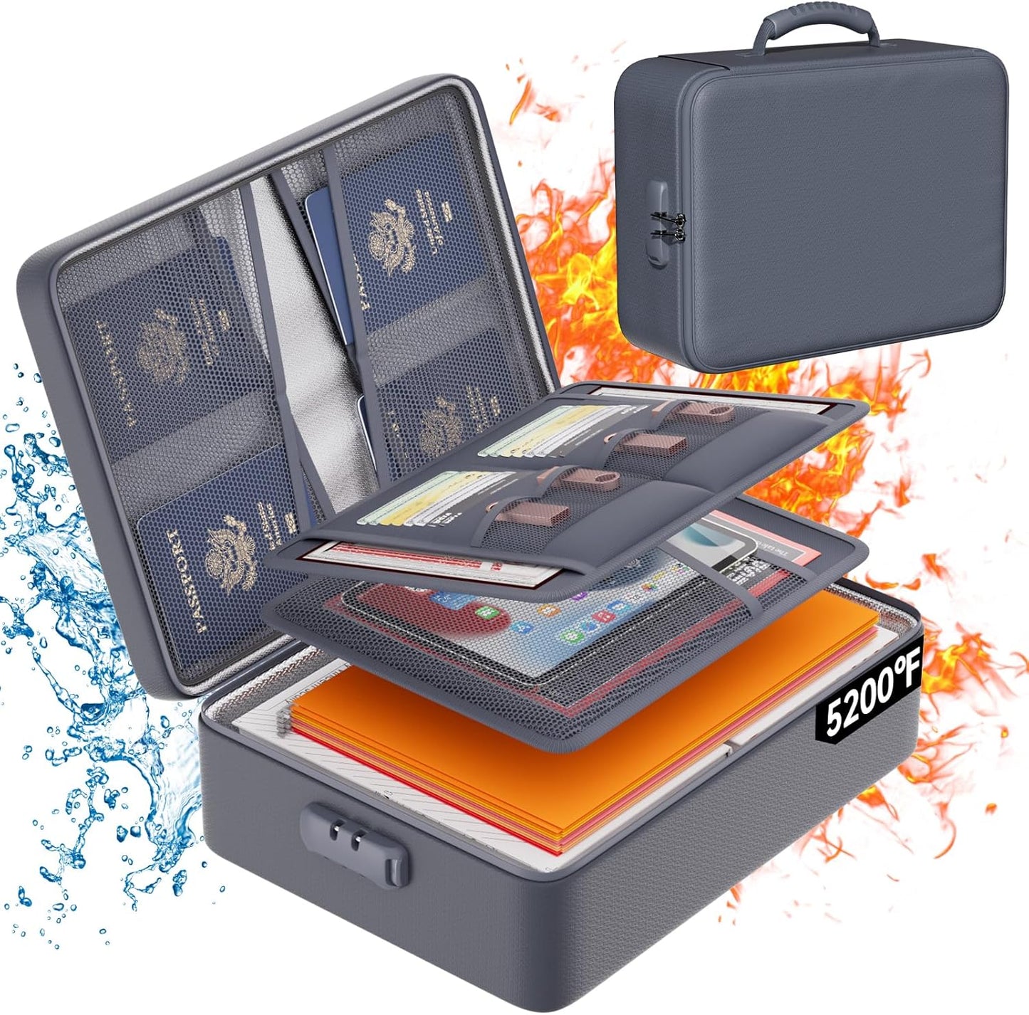 DocSafe 5200°F Document Organizer with Lock, Upgraded Heat Insulated Fireproof＆Water-Resistant Box 8 Layers File Organizer, Portable Home Travel Safe Storage for Important Documents and More