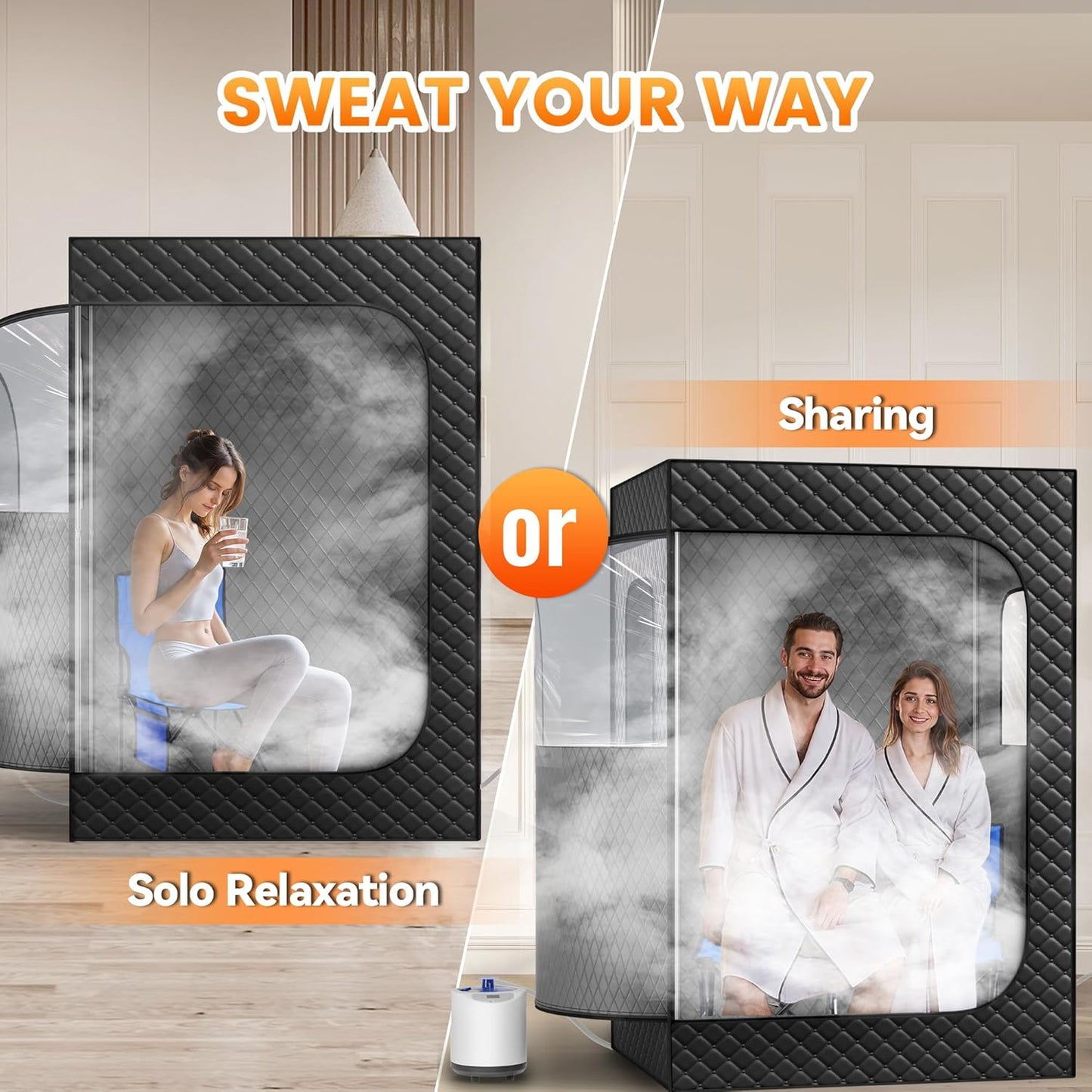 2 Person Portable Steam Sauna for Home, 1 or 2 Person Full Body Home Spa with 2 Foldable Chairs,9 Levels of Sauna Tent with Remote Control, (Black, Large)