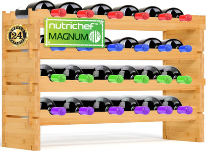 NutriChef 72 Bottle Wine Rack Stackable Bamboo Freestanding, 8-Tier Modular Shelf, Sturdy Wobble Free, Upgraded 2026 Design, Easy No-Tool Assembly for Kitchen, Cellar or Bar Storage 33.5" x 10" x 41"
