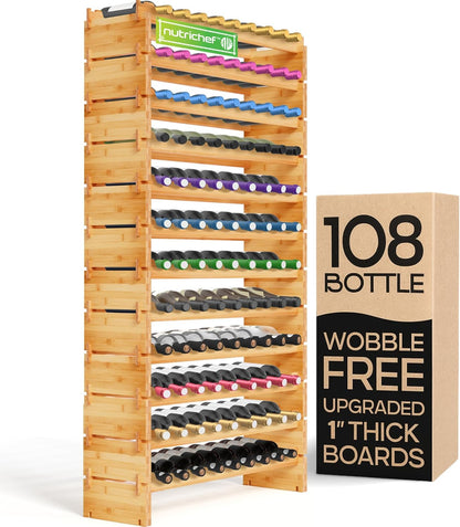 NutriChef 72 Bottle Wine Rack Stackable Bamboo Freestanding, 8-Tier Modular Shelf, Sturdy Wobble Free, Upgraded 2026 Design, Easy No-Tool Assembly for Kitchen, Cellar or Bar Storage 33.5" x 10" x 41"