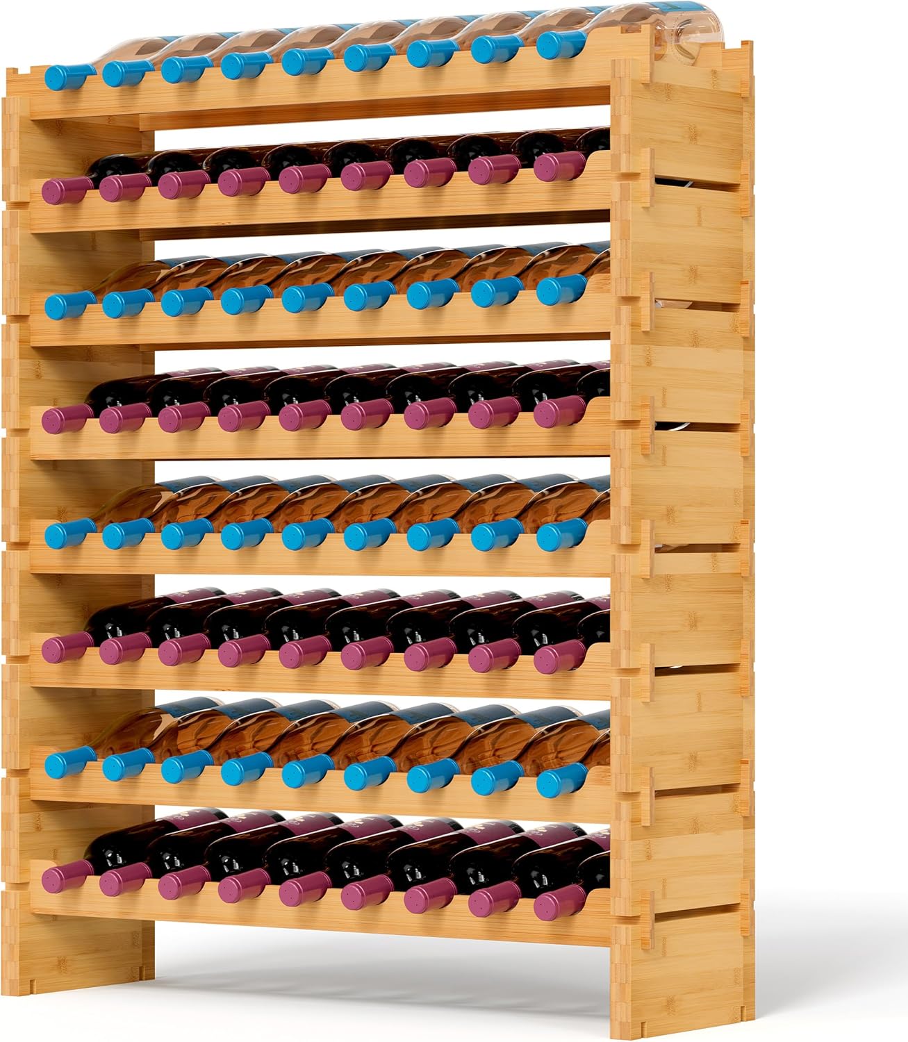 NutriChef 72 Bottle Wine Rack Stackable Bamboo Freestanding, 8-Tier Modular Shelf, Sturdy Wobble Free, Upgraded 2026 Design, Easy No-Tool Assembly for Kitchen, Cellar or Bar Storage 33.5" x 10" x 41"