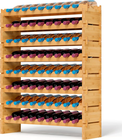 NutriChef 72 Bottle Wine Rack Stackable Bamboo Freestanding, 8-Tier Modular Shelf, Sturdy Wobble Free, Upgraded 2026 Design, Easy No-Tool Assembly for Kitchen, Cellar or Bar Storage 33.5" x 10" x 41"