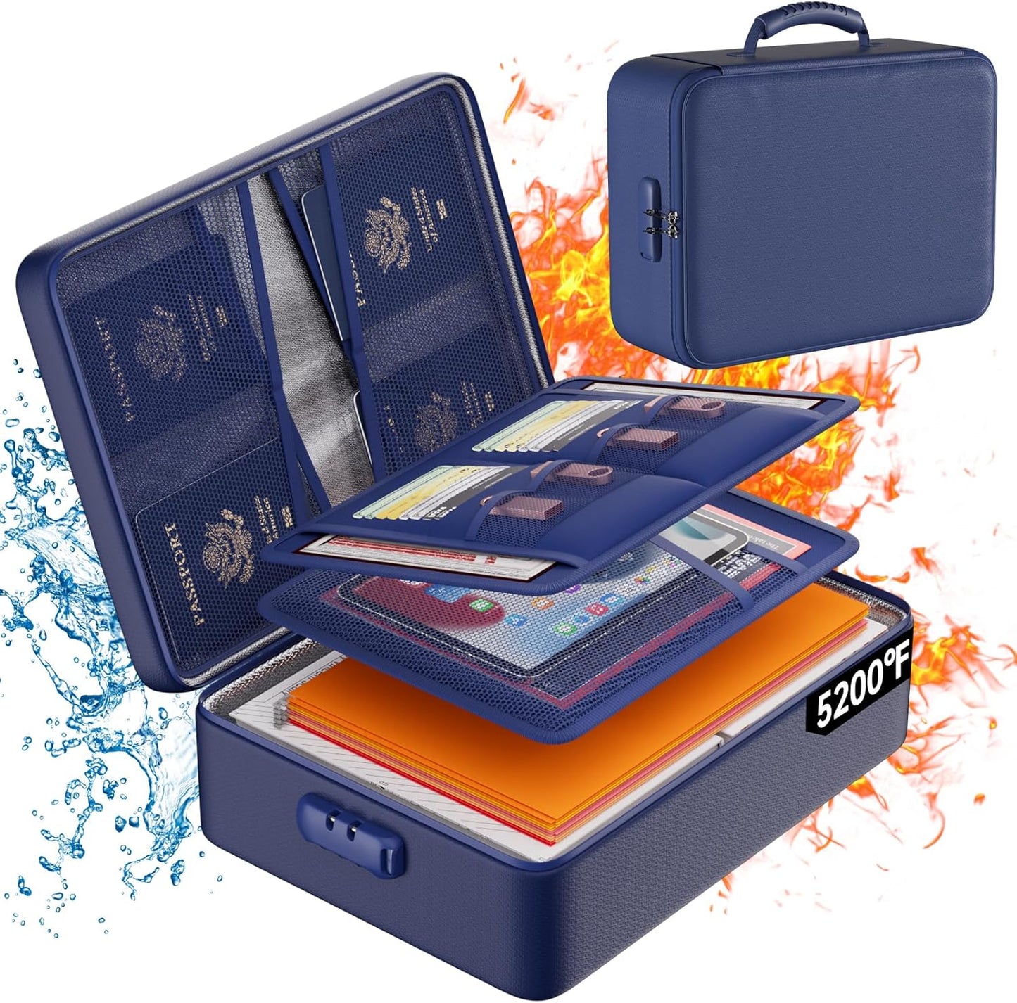 DocSafe 5200°F Document Organizer with Lock, Upgraded Heat Insulated Fireproof＆Water-Resistant Box 8 Layers File Organizer, Portable Home Travel Safe Storage for Important Documents and More