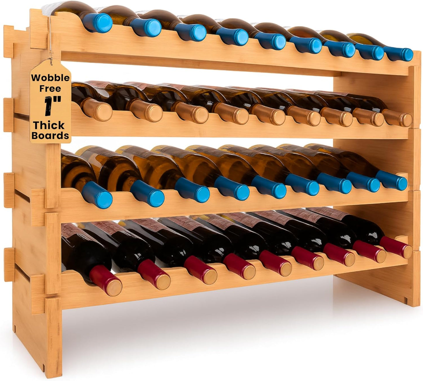 NutriChef 72 Bottle Wine Rack Stackable Bamboo Freestanding, 8-Tier Modular Shelf, Sturdy Wobble Free, Upgraded 2026 Design, Easy No-Tool Assembly for Kitchen, Cellar or Bar Storage 33.5" x 10" x 41"