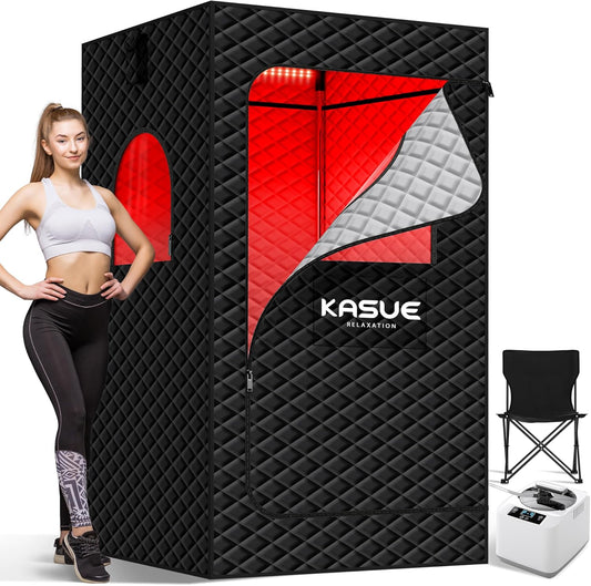 KASUE Portable Steam Sauna Tent for Home, Infrared Sauna with 3L Steamer, 9 Temp Levels & 99 Min Timer, 5-Layer Waterproof Insulated, Folding Chair Included, Indoor Spa (Light Black)