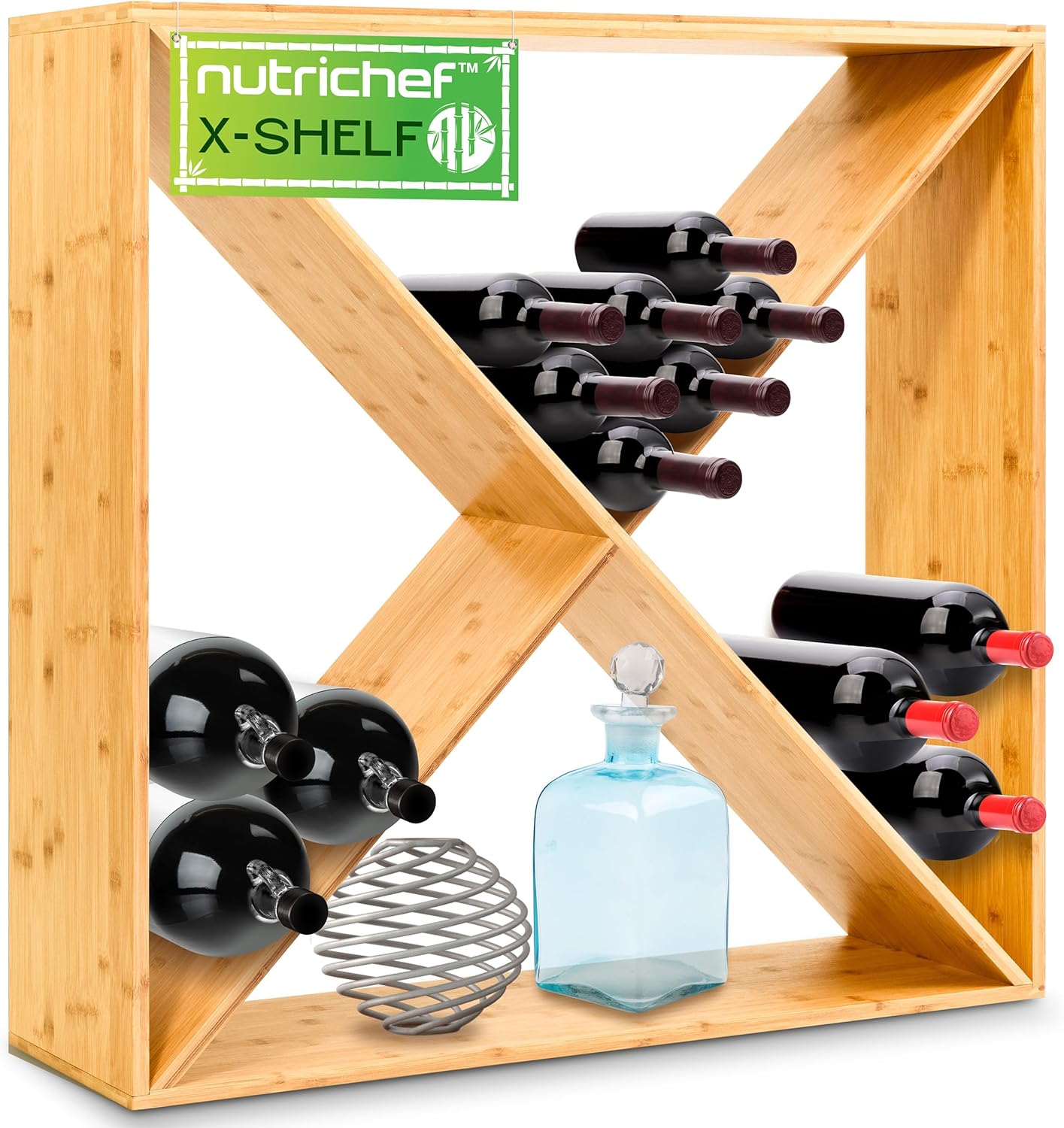NutriChef 72 Bottle Wine Rack Stackable Bamboo Freestanding, 8-Tier Modular Shelf, Sturdy Wobble Free, Upgraded 2026 Design, Easy No-Tool Assembly for Kitchen, Cellar or Bar Storage 33.5" x 10" x 41"