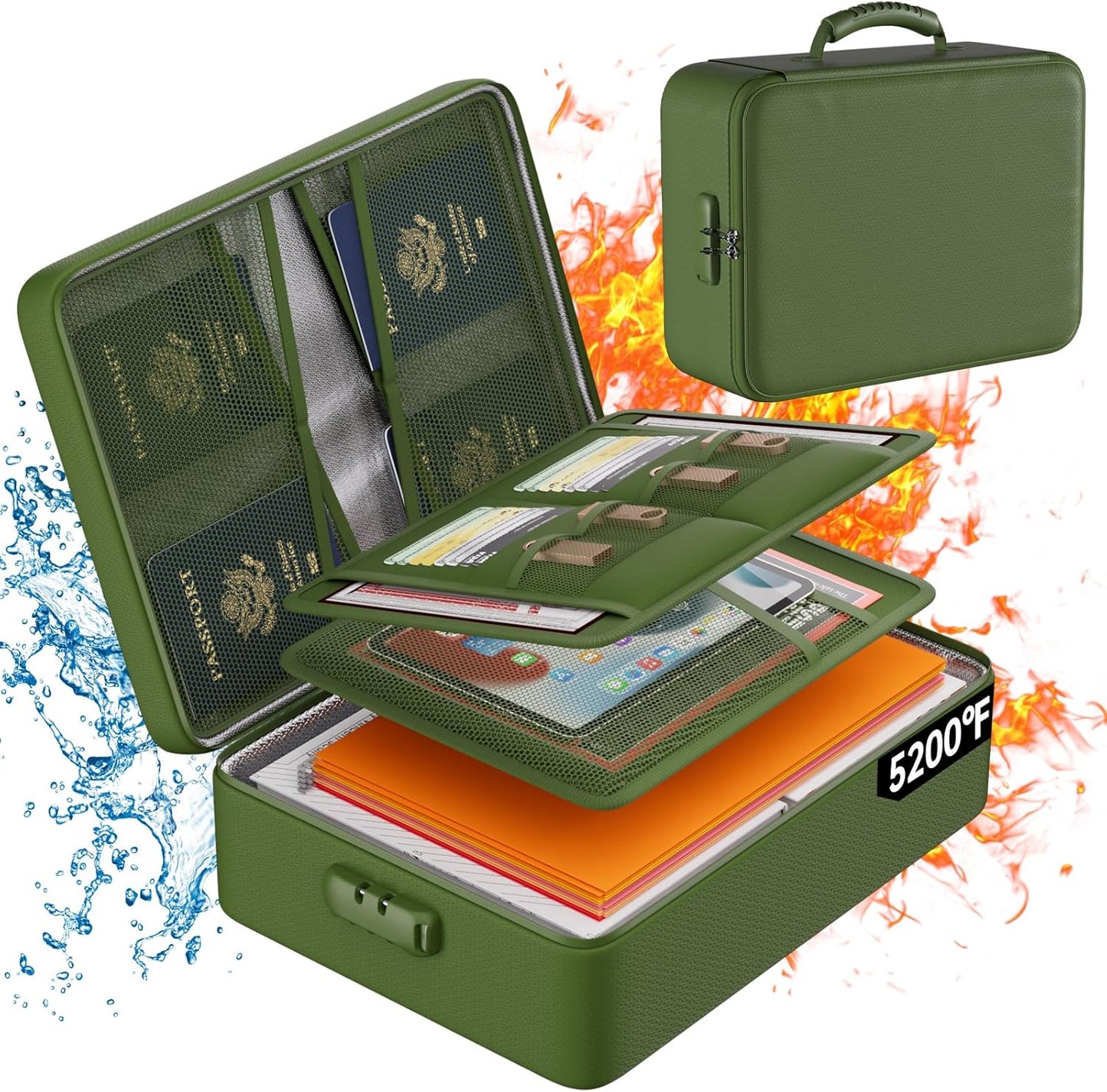 DocSafe 5200°F Document Organizer with Lock, Upgraded Heat Insulated Fireproof＆Water-Resistant Box 8 Layers File Organizer, Portable Home Travel Safe Storage for Important Documents and More